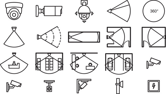 A collection of security camera illustrations showcasing different types of surveillance equipment, highlighting their various features and coverage areas.
