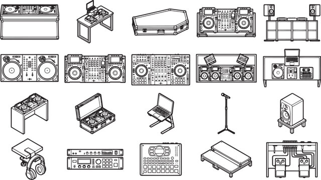 A collection of DJ equipment including turntables, mixers, speakers and more, designed for creating music.