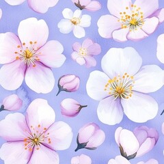 Fototapeta premium Delicate watercolor cherry blossoms bloom in soft pastel shades on a lavender background