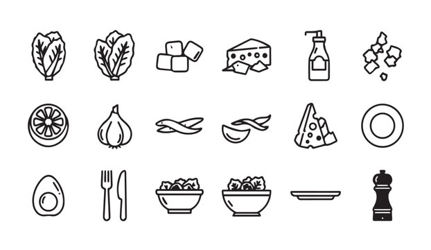 Caesar Salad Ingredients Icons with Clean Outline Style for Food Service