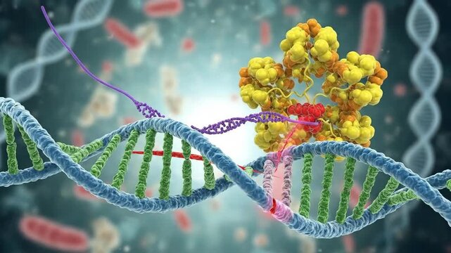 Genetic editing mechanism precisely cleaves deoxyribonucleic acid, utilizing a Cas9 enzyme protein complex and specific guide ribonucleic acid for targeted genome sequence alteration.