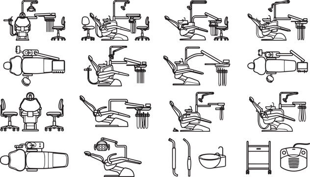 A comprehensive collection of dental equipment, rendered in a detailed line art style. Includes multiple views and perspectives of dentist chair.