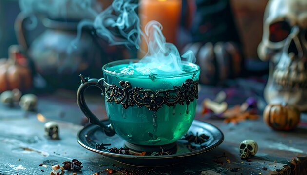 A steaming teal-colored cup on a saucer with ornate designs and skulls around