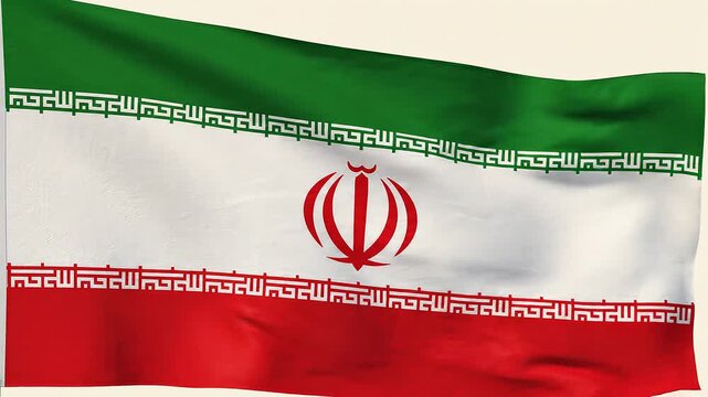 Iranian national flag with green, white, and red bands, central red emblem and Kufic script pattern emphasize cultural symbolism, national identity, and Islamic heritage.