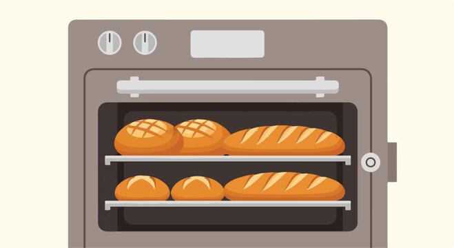 Illustration of a gray oven with bread on two racks
