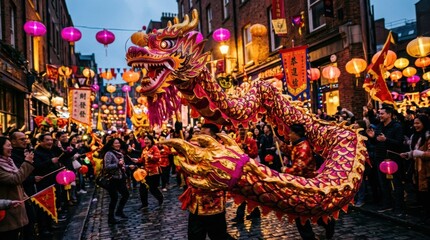 Obraz premium Vibrant Chinese dragon parade fills street with colorful lanterns and festive crowds