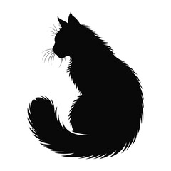 Black silhouette of a fluffy cat with curled tail long fur © MDSHAHIN