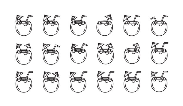 Coconut drinks with straws and umbrellas arranged in a grid pattern for a refreshing tropical theme