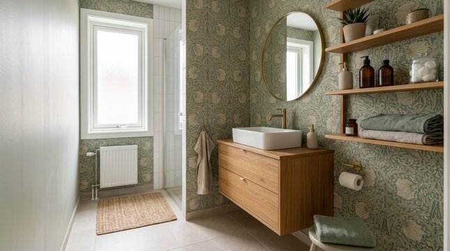 Modern bathroom with botanical wallpaper and wooden vanity