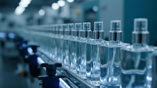 Automated Conveyor Belt Dispensing Clear Liquid Bottles for Pharmaceutical or Cosmetic Production in a Clean Factory