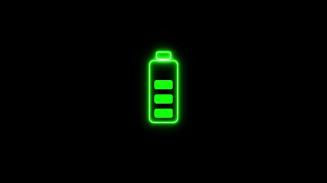 Neon battery fast charging animation, Glowing animated battery icon. Abstract sign of the neon battery charging on the black screen background.