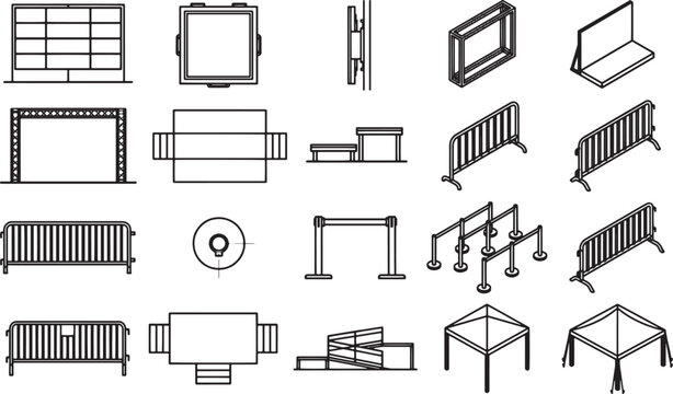 Array of various modular barriers, staging, and construction elements illustrated in a minimalist monochrome style, showcasing the essential components of events and projects.
