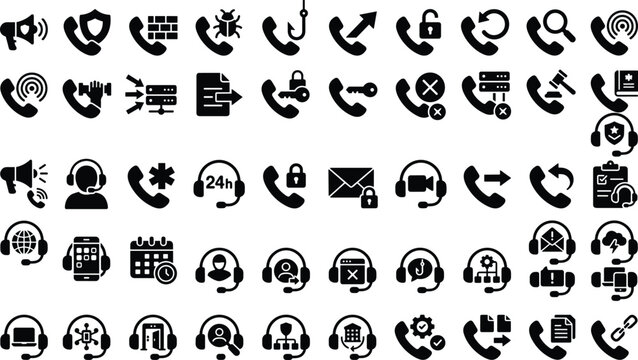 Customer Support and Call Center Icon Set Featuring Communication, Helpdesk, Hotline, Contact Services, CRM and Telephony Interface Concepts