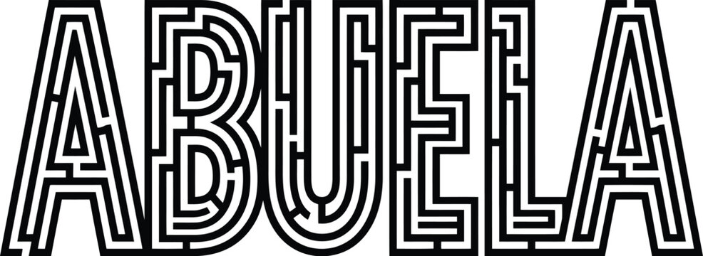 Abuela Spanish word maze vector, grandmother typography with labyrinth pattern, black and white family themed puzzle graphic for coloring