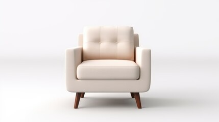Fototapeta premium Modern cream upholstered armchair with wooden legs against white background.