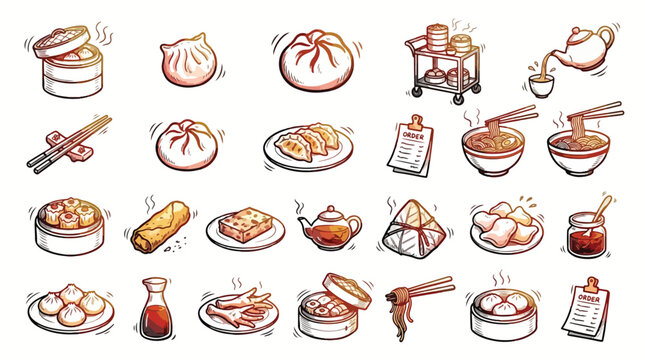 Hand-drawn doodle-style Dim Sum and Chinese Food Icon Set Featuring Steamer Baskets Dumplings Buns Noodles Tea and Traditional Dishes for Asian Restaurant Menus and Food Graphic Design.