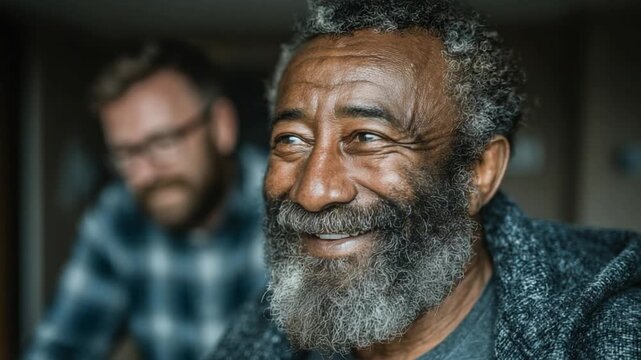 A moment of reflection: A close-up shot captures the radiant smile of an older man with a textured beard and warm eyes. In the blurred background, another man adds depth to the scene.