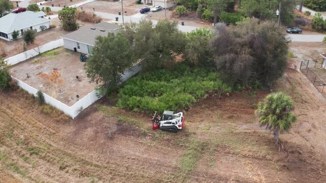 A bobcat works to clear dense vegetation adjacent to a suburban home. Suitable for content on land development or neighborhood maintenance.