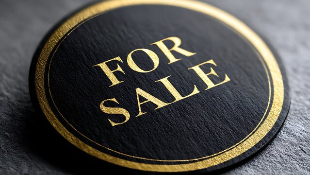 Luxury "FOR SALE" golden seal on black circular badge, premium retail sticker on dark textured stone background