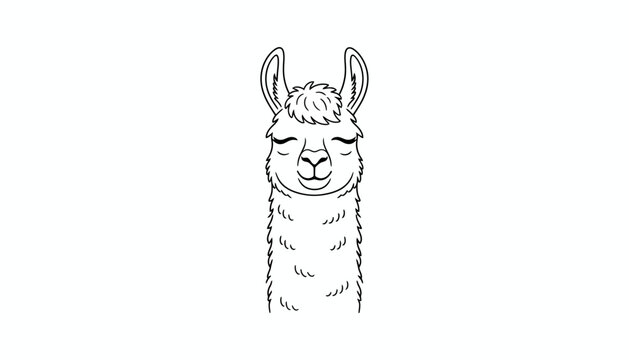 Cute llama head, smiling animal face, black line art, vector illustration, farm animal, cartoon style