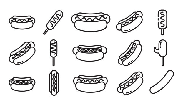 Collection of hot dog and corn dog icons in a clean line art style on a white background