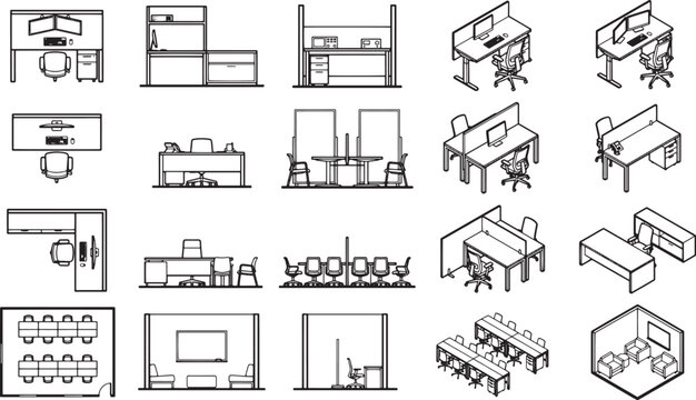 Modern office layouts in monochrome represent various workstation arrangements for corporate spaces. It offers a glimpse of an organized office interior that reflects simplicity and functionality.