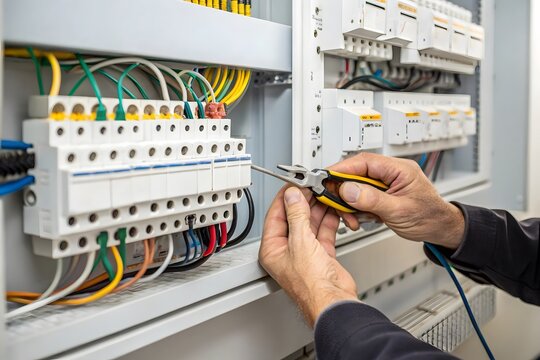 Electrician working on a circuit breaker panel with tools and wires electrician electrical installation maintenance building professional technology connection engineering industrial