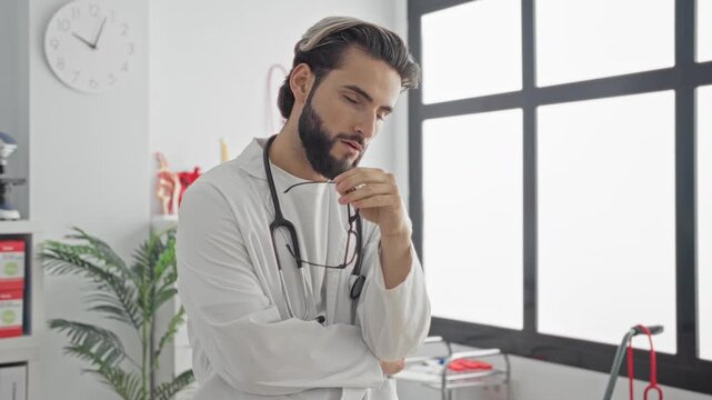Man doctor in clinic wearing white coat and stethoscope, holding eyeglasses to chin and rubbing temple in a pensive pose; concern reflection.