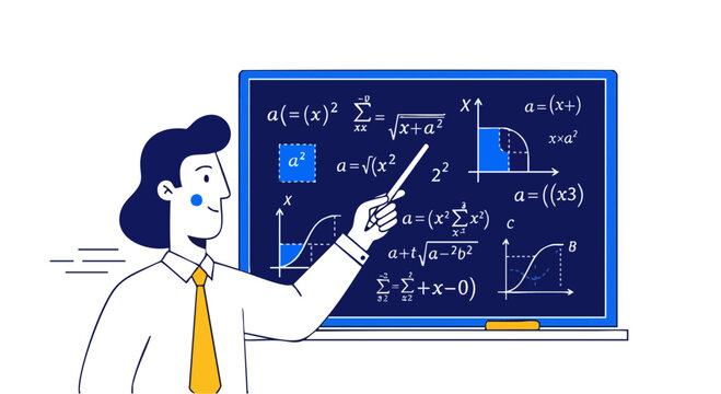 Male Teacher Explaining Mathematical Formulas on Chalkboard