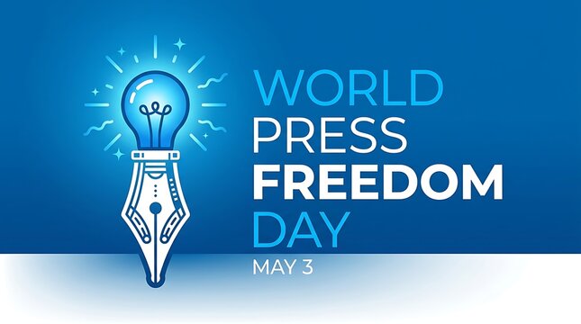 Creative conceptual design for World Press Freedom Day featuring a fountain pen nib combined with a glowing light bulb on a blue background.