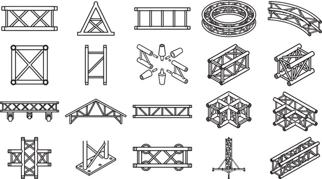 Assortment of modern trusses in technical illustrations.