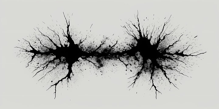 Two explosive black ink splatters, connected by a thin line of dark particles, suggest a powerful rupture or cosmic event on a pale background.