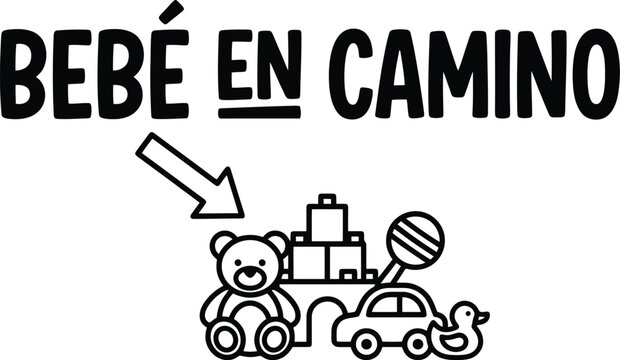 Spanish baby announcement lettering with Bebe en Camino text, minimalist black and white nursery toys vector, pregnancy reveal graphic with teddy bear