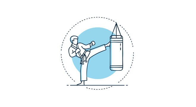 Martial Artist Training with Heavy Bag Line Art Illustration