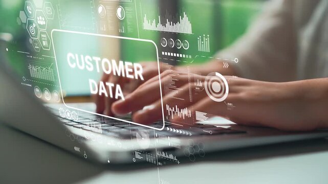 Professional Hands Typing on a Laptop with Customer Data Overlay for Business and Data Analytics Concepts. Asymptotic smart data analytic.