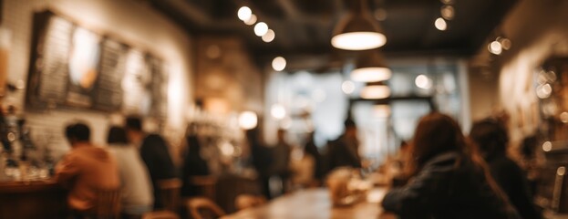 Obraz premium Blurred bustling coffee shop with people waiting at the counter 