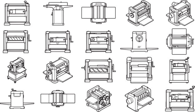 A collection of industrial machines, each intricately outlined in a crisp black and white vector format, designed for heavy-duty paper processing. 