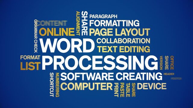 Word Processing animated word cloud-text design animation tag kinetic typography seamless loop.