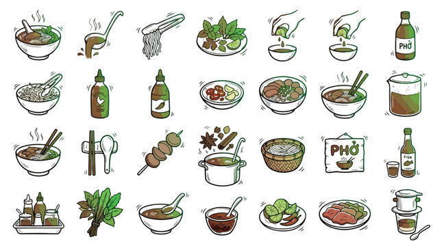 Hand-drawn doodle-style Vietnamese Pho noodle soup icons featuring bowls, ingredients like lime, chili, basil, sriracha sauce, broth, and traditional drip coffee phin for menu design.