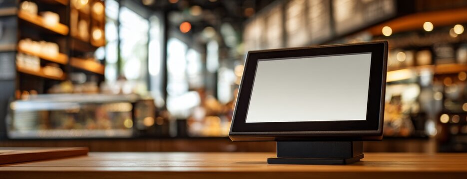 Modern touchscreen kiosk mockup on wooden table in cafe setting  