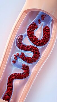 Varicose vein blood pooling leg anatomy medical illustration of swollen vessel with valve dysfunction, red blood cell buildup and clotted flow cutaway view inside skin tissue for healthcare education