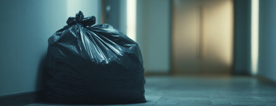 Black garbage bag placed on hallway floor near elevator  