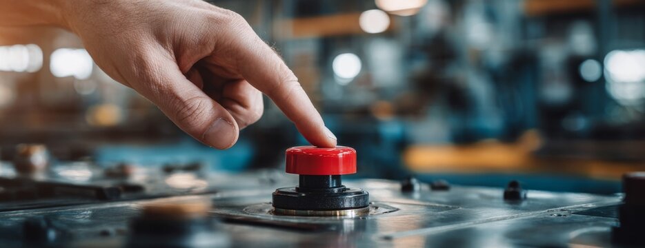 Close-up of hand pressing red emergency button on industrial control panel  