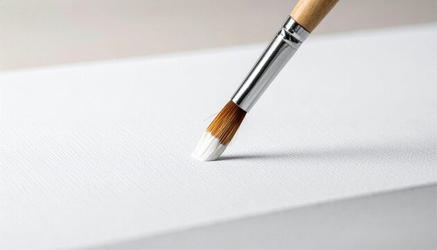 Close-up of Artist Paintbrush Touching Blank White Canvas with Copy Space