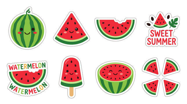 Collection of adorable kawaii watermelon illustrations featuring happy faces and summer themes
