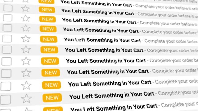 You Left Something in Your Cart email reminders appear in an animated digital inbox. Ideal for visualizing e-commerce abandoned cart marketing, customer retention, and online shopping concepts.