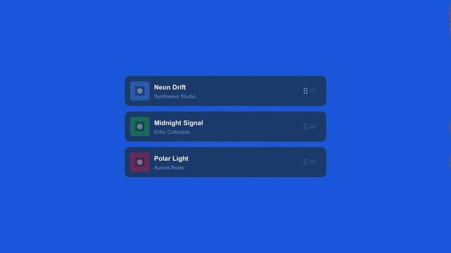 A modern user interface showcasing a music playlist with interactive drag-and-drop features and smooth animations on a vibrant blue background.