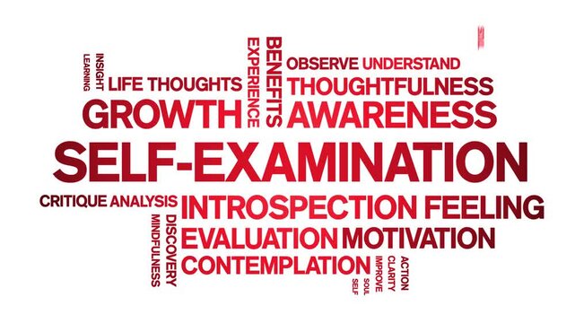 Self-Examination animated word cloud-text design animation tag kinetic typography seamless loop.