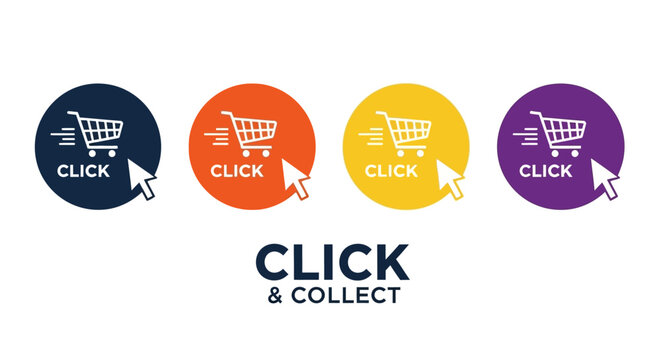 Colorful icons of shopping carts with cursor pointers on a clean white background
