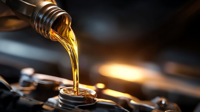 Engine oil being poured into a vehicle engine.